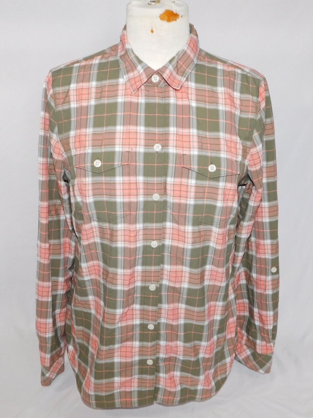 Eddie Bauer Green Pink Plaid Long Sleeve Button Front Performance Shirt Women M